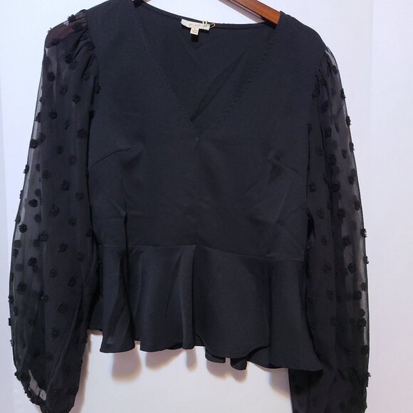 PEACH BLACK PEPLUM BLOUSE -CHIFFON SLEEVES CHENILLE DOTS FEMININE FIT (SIZE  L) - Picture 1 of 9